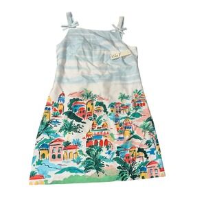 Eliza J Sz 10 Blue Sky Tropical‎ Village Print Sleeveless Dress Tie Shoulder New